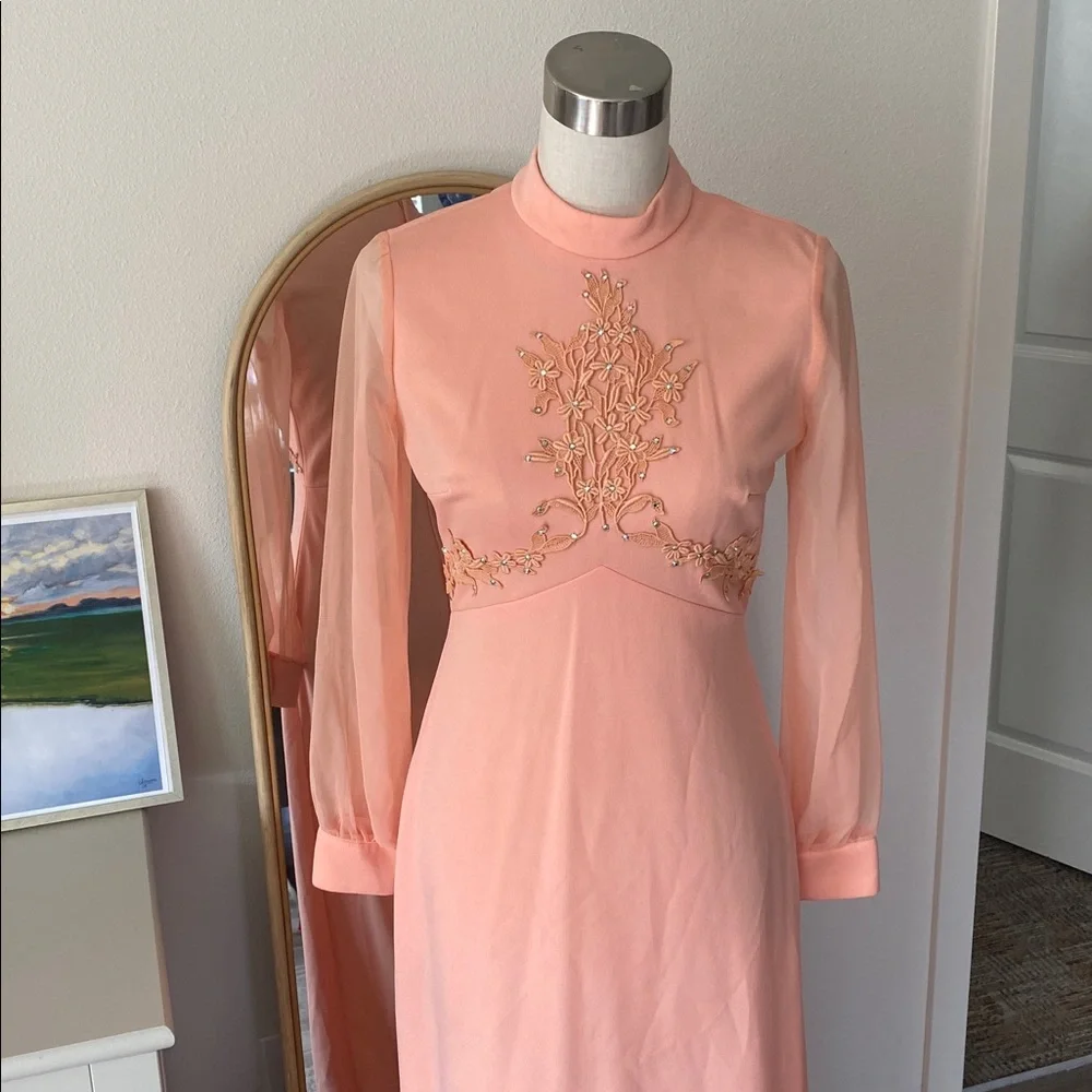 Vintage 1970s Coral Embellished Maxi Dress